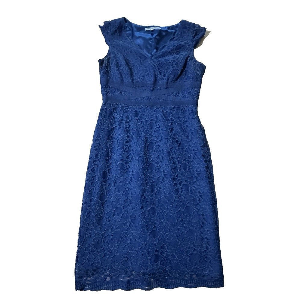 Antonio Melani Blue Lace‎ Cocktail Dress Womens Size 6 Sleeveless Midi Sheath